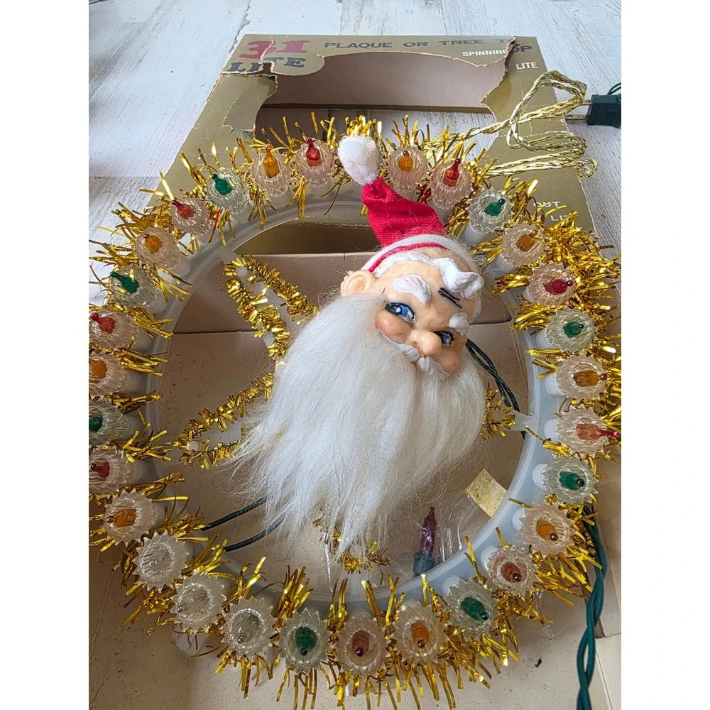 Vintage Holly Santa light up tree topper elf Xmas decor
